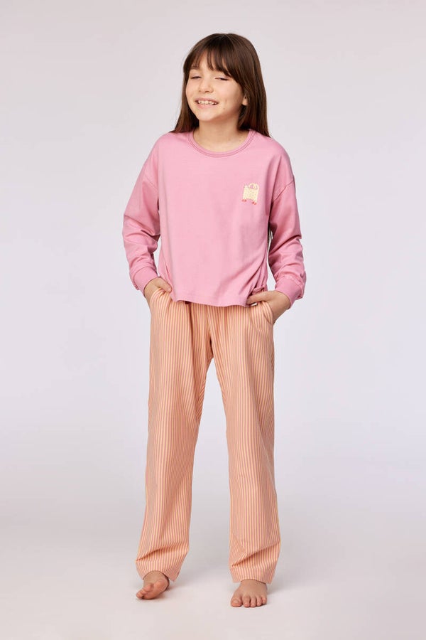 Roze pyjama met sweater en gestreepte broek in rekbaar katoen, 4 jaar