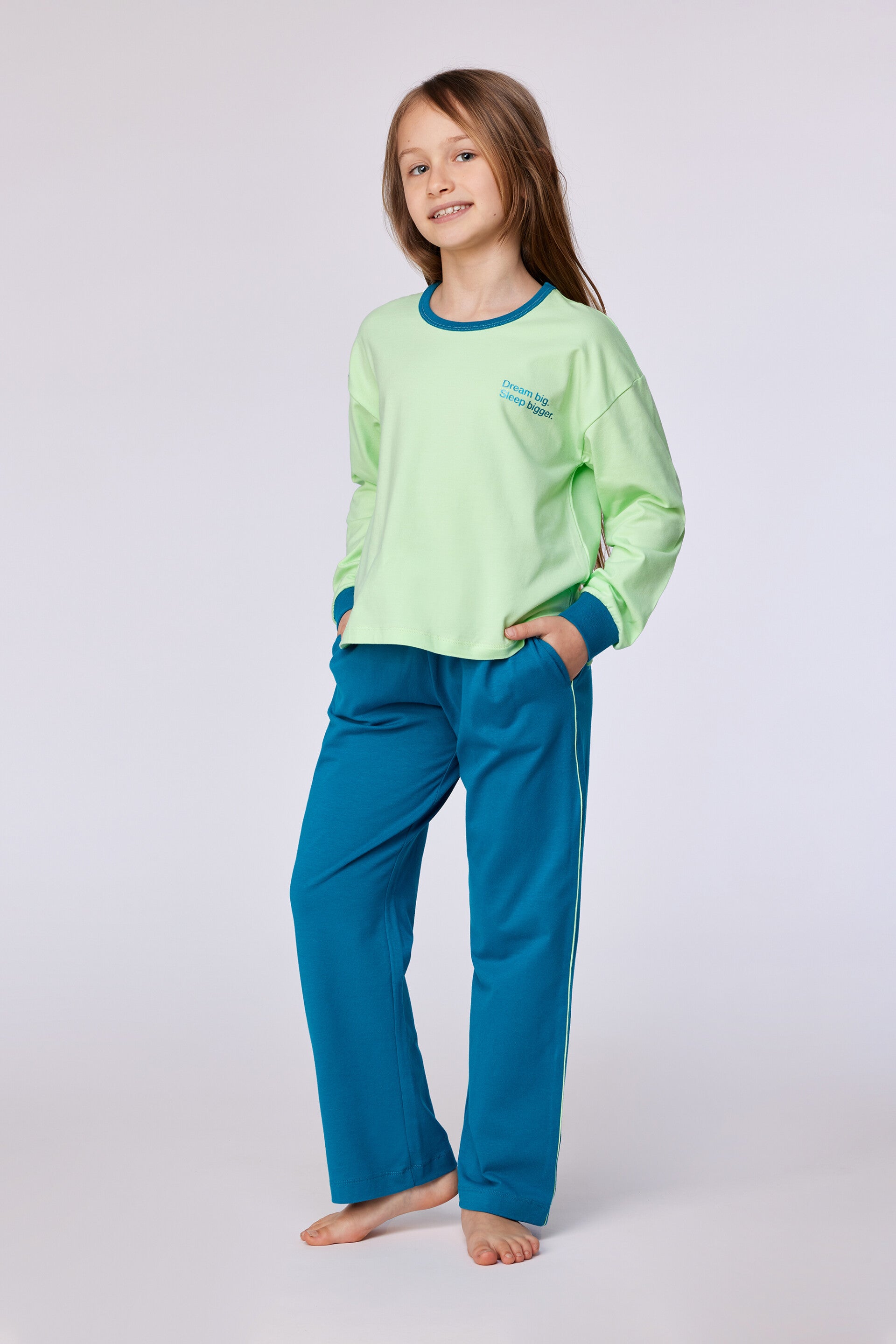 Groene pyjama met sweater en broek in rekbaar katoen, 8 jaar