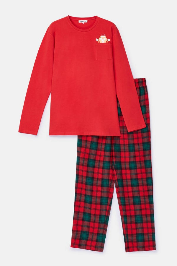Rood-groene pyjama met flanellen broek, 3 jaar
