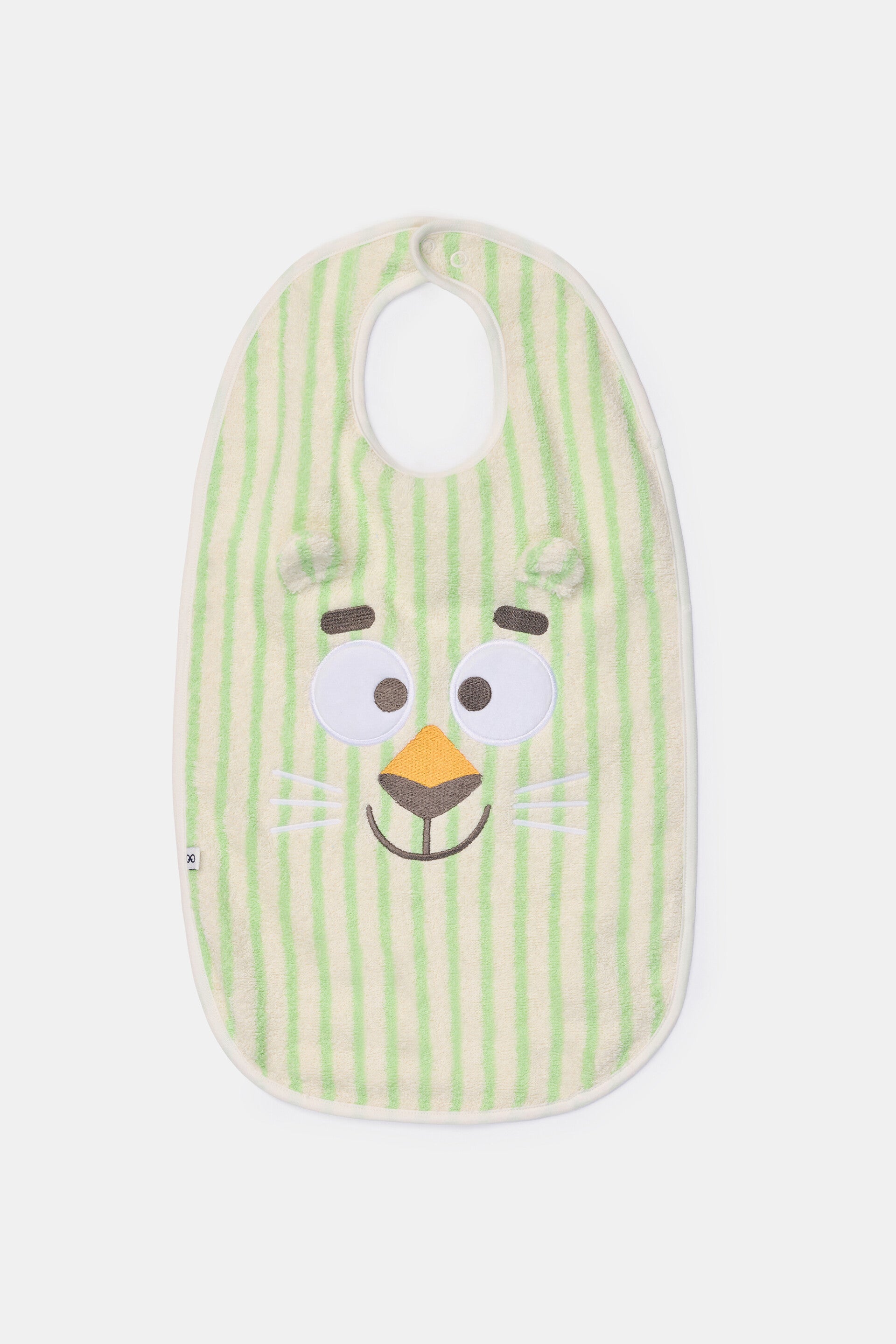 Groen gestreept slabbetje met een geborduurde applicatie van een pony -  binnenkort in collectie, reserveer hem nu reeds!