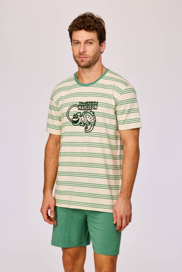 Jongens-Heren pyjama, groen gestreept, medium