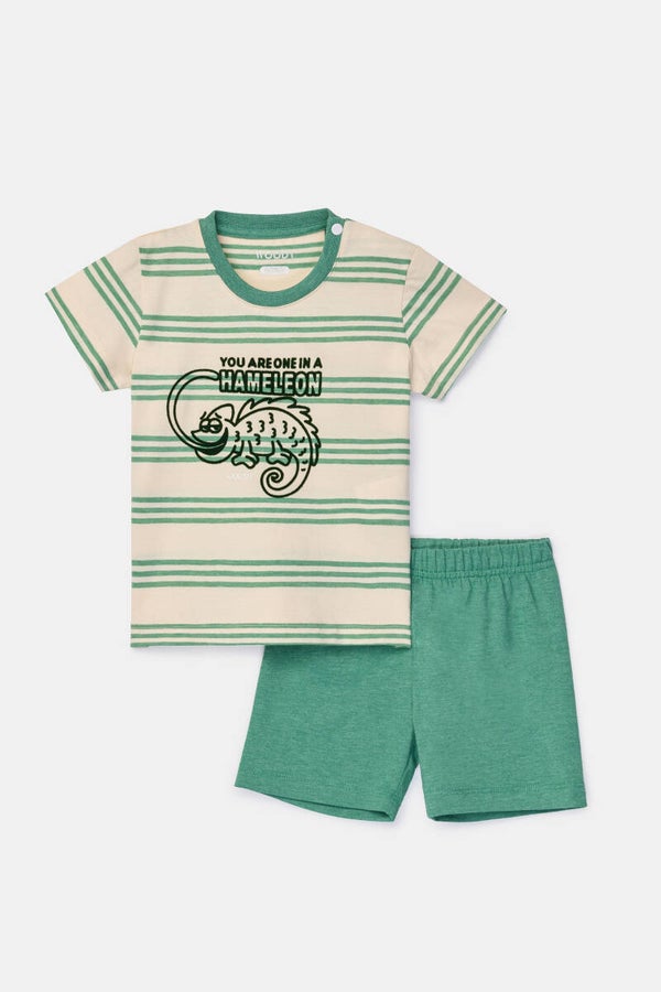 Jongens-Heren pyjama, groen gestreept, 9 maand