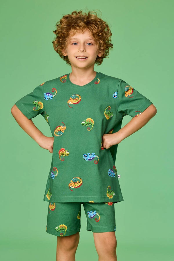 Jongens-Heren pyjama, kameleon print groen - 10 jaar