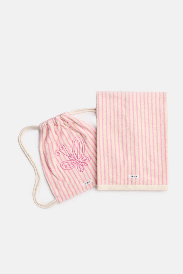 Beach towel in a bag, 70x140 cm, roze streep