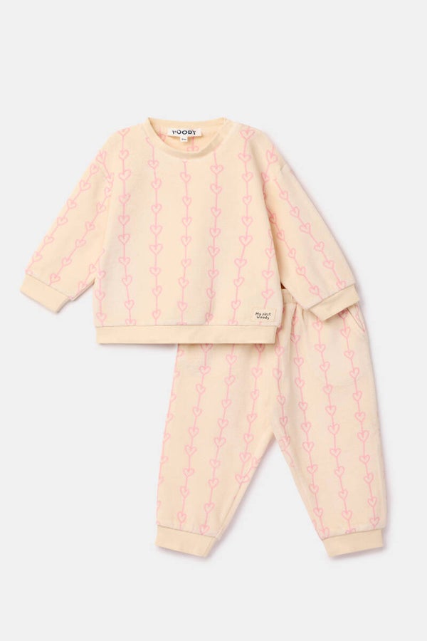 Beige 2-delige setje in velours met zachtroze hartjesmotief, 0 maand