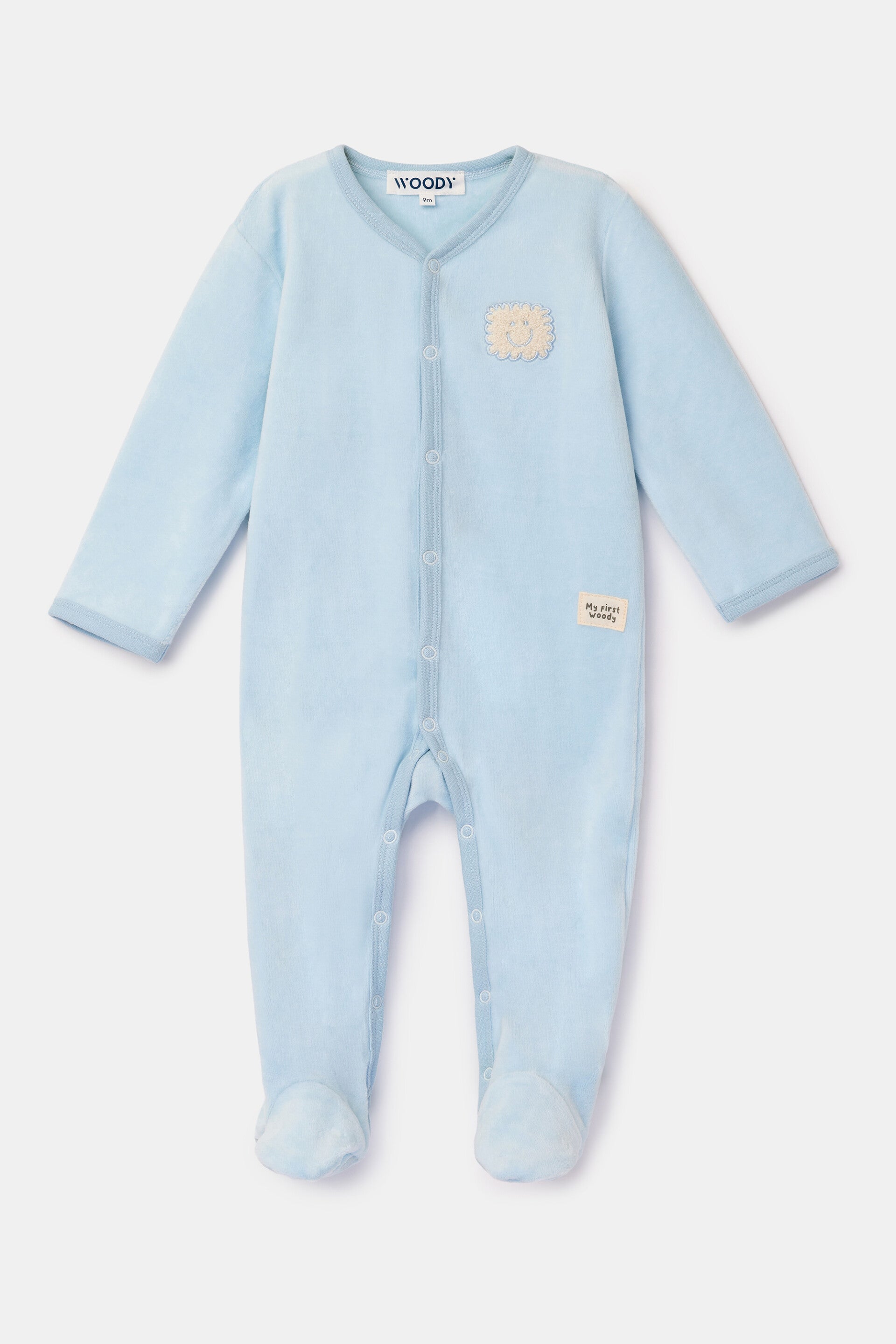 Blauw kruippakje in velours - 1 maand (wordt binnenkort geleverd, bestel nu reeds)