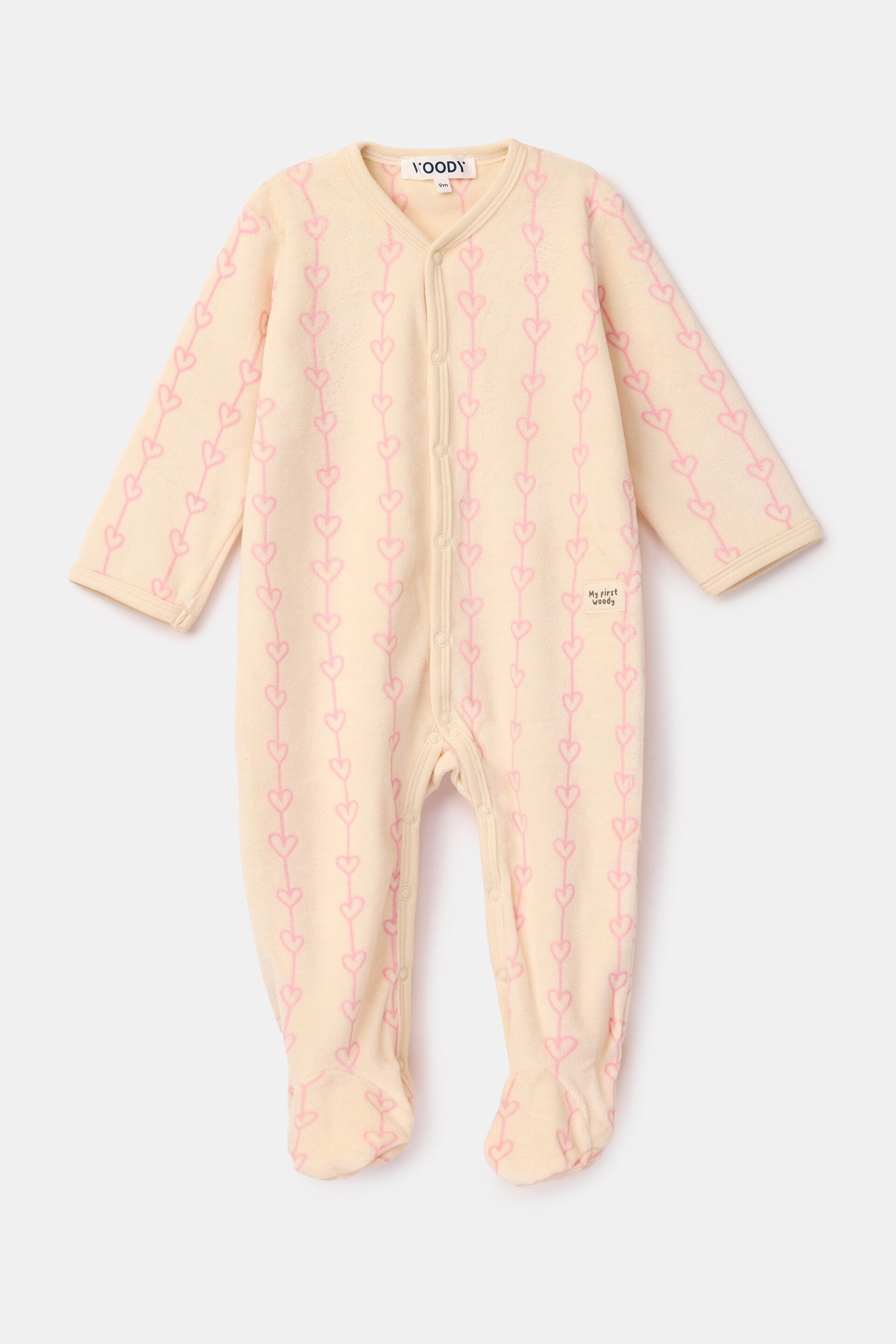 Beige kruippakje met roze hartjes in velours - 1 maand (wordt binnenkort geleverd, bestel nu reeds)