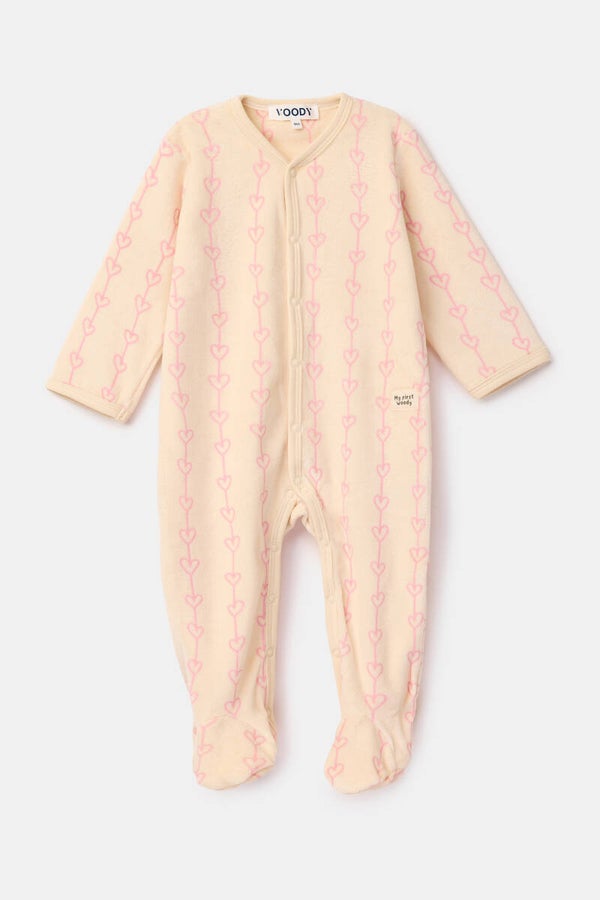 Beige kruippakje met roze hartjes in velours - 9 maand
