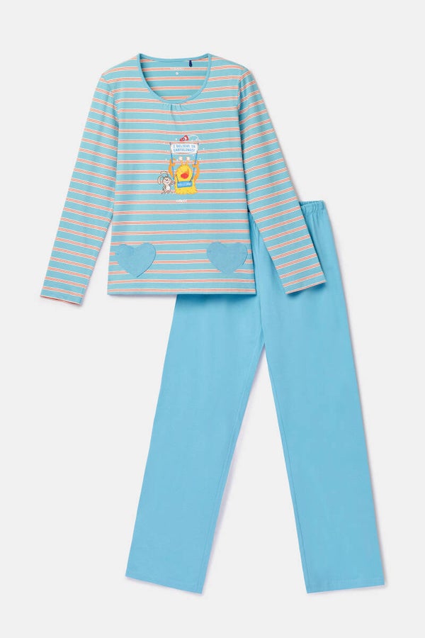 Meisjes-Dames pyjama, blauwe streep - smal