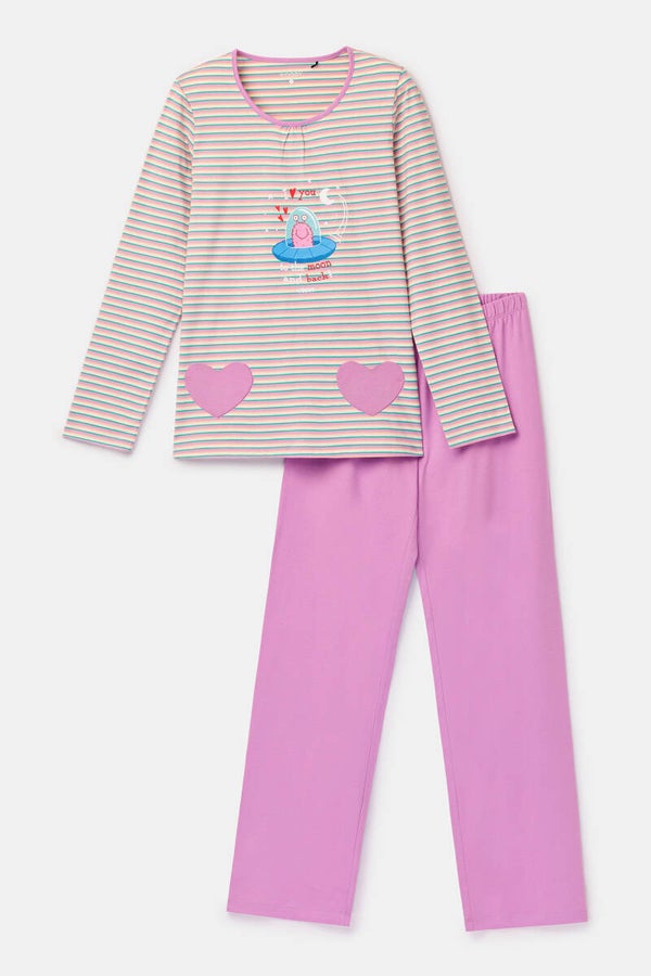 Meisjes-Dames pyjama, roze streep - X-large