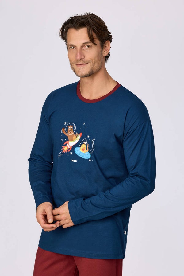 Jongens-Heren pyjama, donkerblauw, X-large