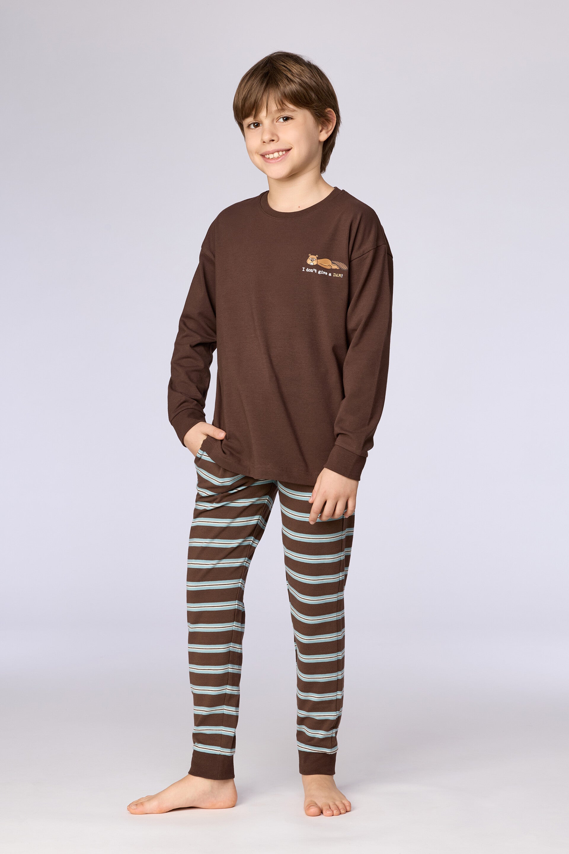 Jongens-Heren pyjama, bruin - 12 jaar