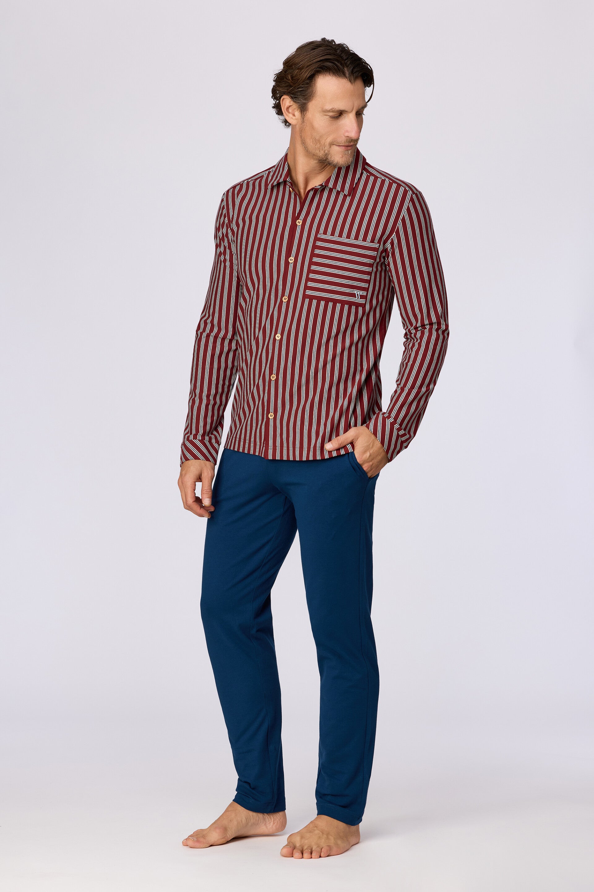 Heren pyjama, bordeaux streep gestreept - X-large