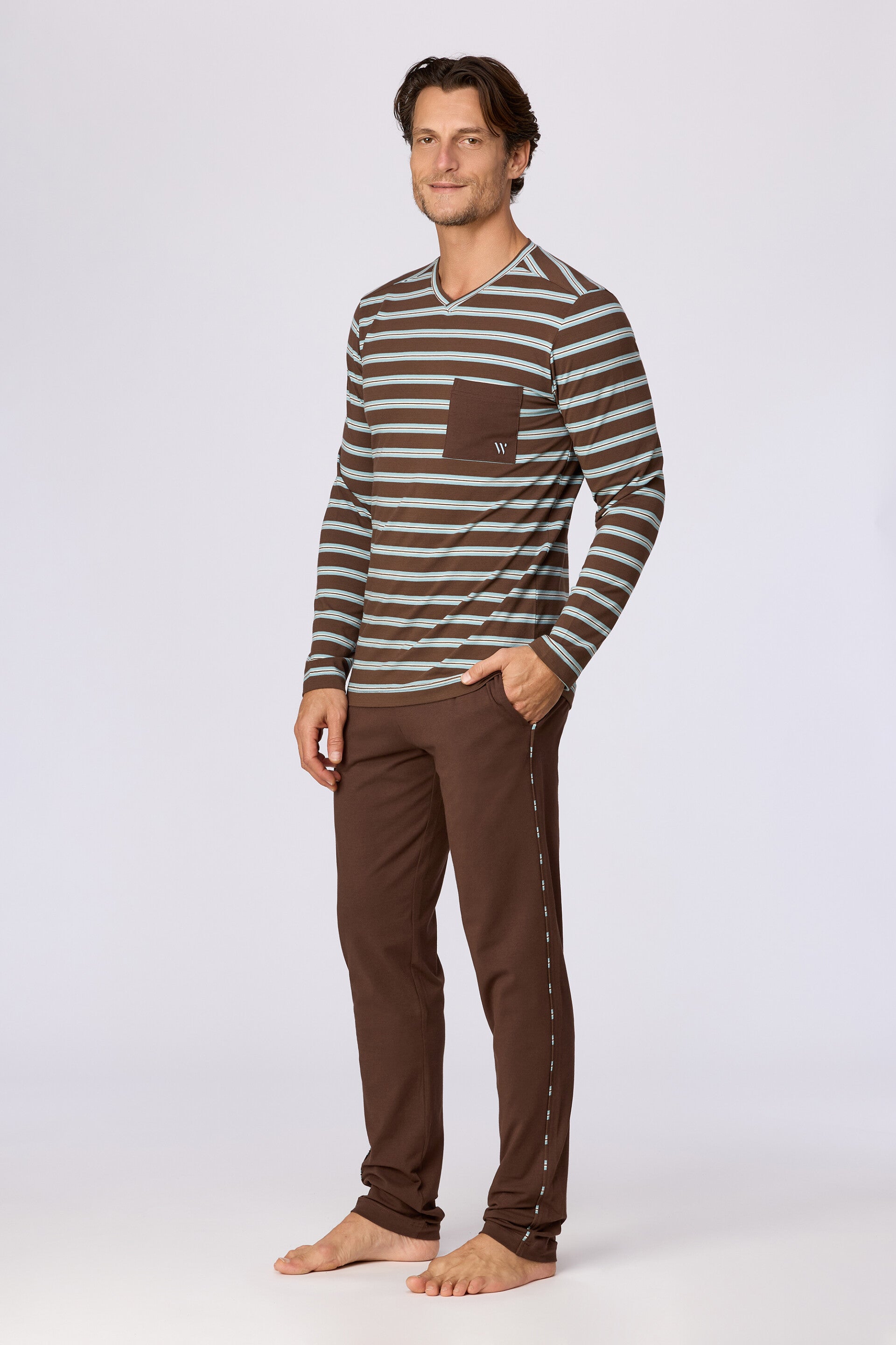 Heren pyjama, bruine streep - large