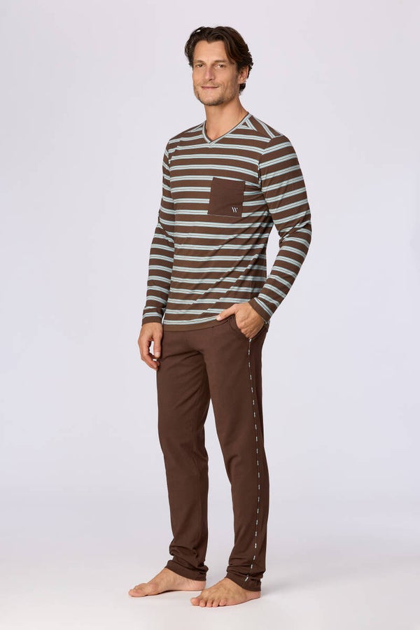 Heren pyjama, bruine streep - large
