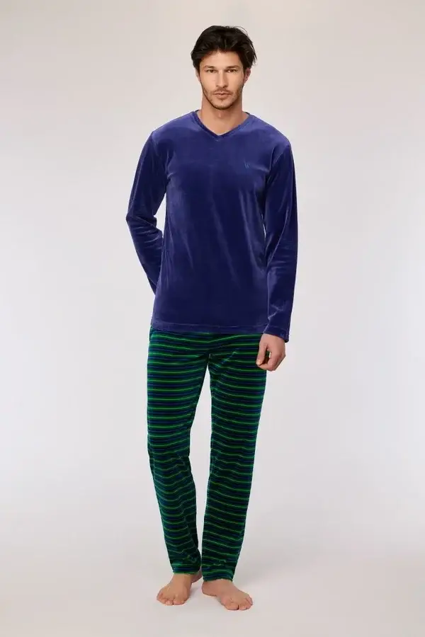 Donkerblauwe pyjama met gestreepte broek in velours, X-large