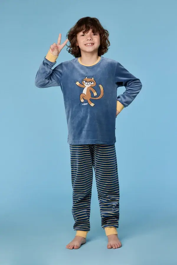 Blauwgrijze pyjama in velours met gestreepte broek en kat, 12 jaar