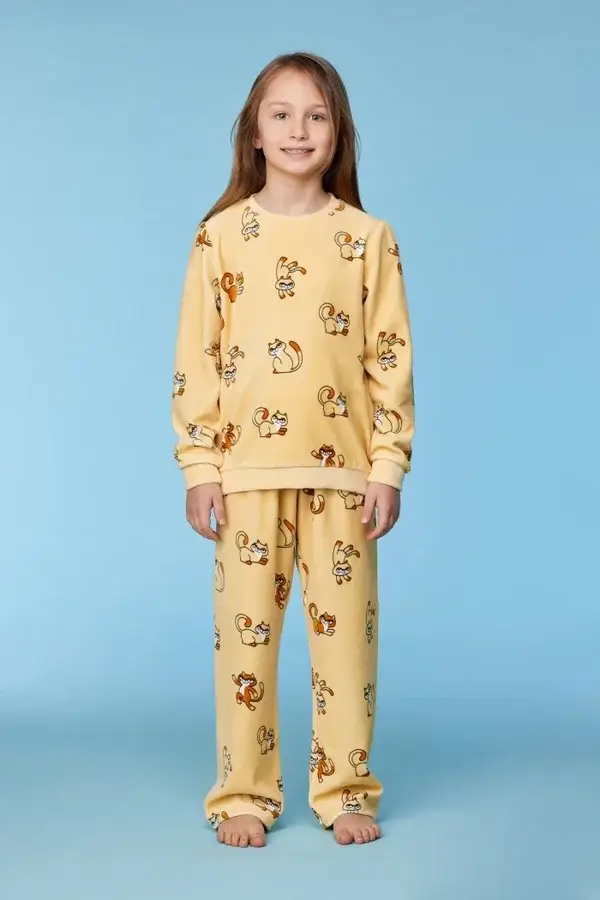 Gele pyjama met kattenprint in velours, 10 jaar