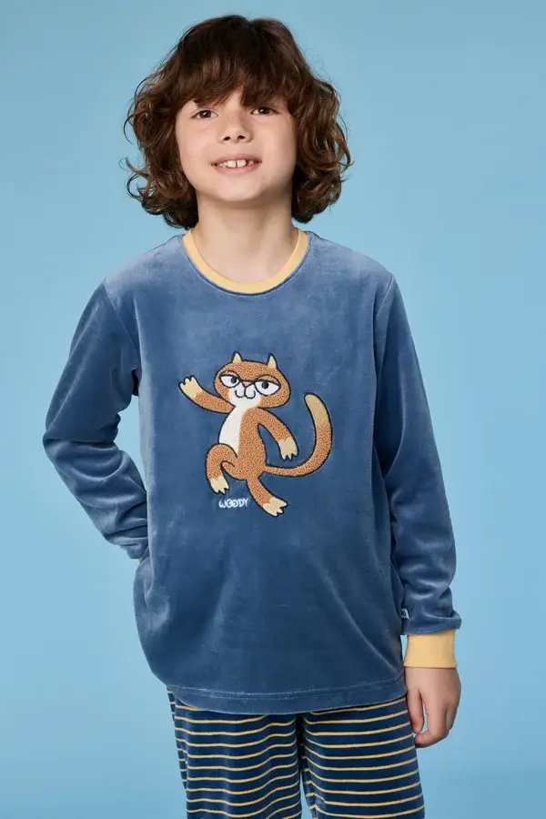 Blauwgrijze pyjama in velours met gestreepte broek en kat, 14 jaar