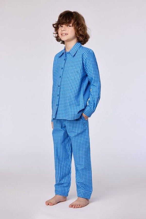 Woody pyjama jongens/heren doorknoop - blauw geruit - 12 jaar