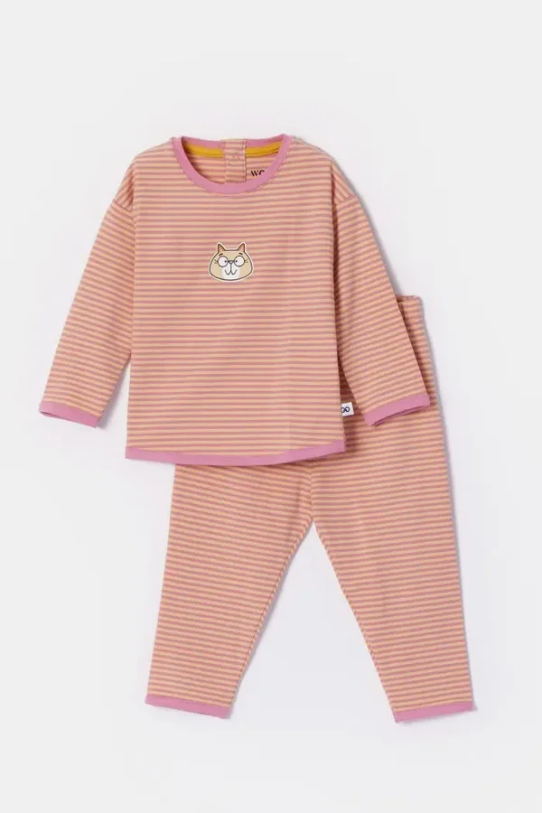 Roze-geel gestreepte pyjama in katoen, 12 maand