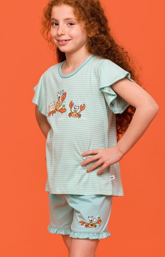 pyjama meisjes/dames - turquoise gestreept - hermietkreeft - 10 jaar