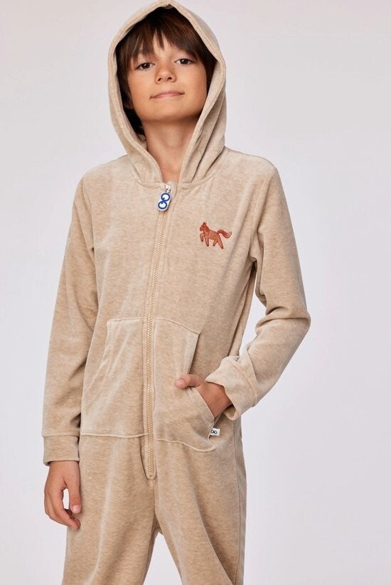 Onesie unisex velours - beige - pony - 14 jaar