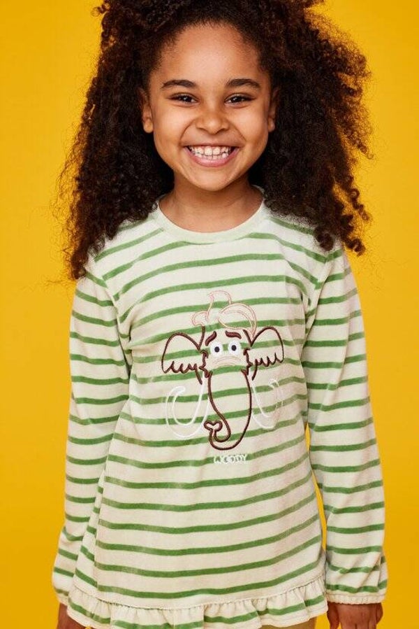 Meisjes pyjama velours, muntgroen gestreept, thema de mammoet, 14 jaar