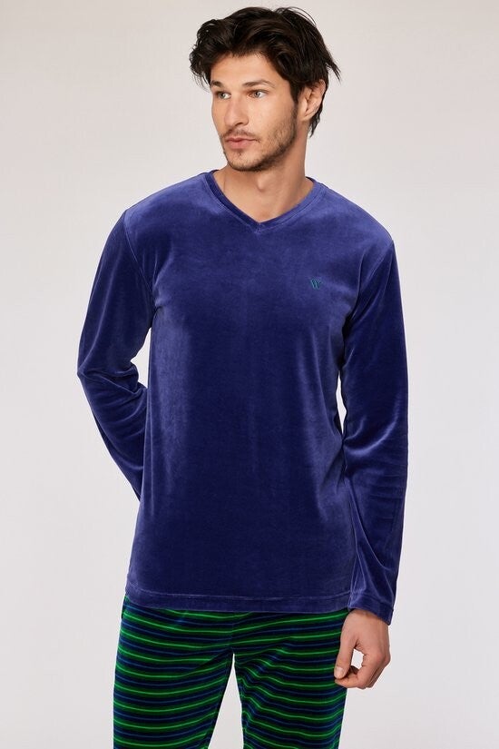 Donkerblauwe pyjama met gestreepte broek in velours, large
