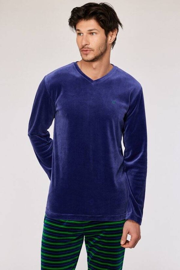 Donkerblauwe pyjama met gestreepte broek in velours, large