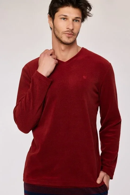 pyjama heren - donkerrood, warme polar fleece stof - X-large