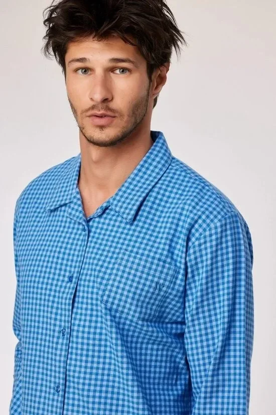 pyjama jongens/heren doorknoop - blauw geruit, flanel - XX-large