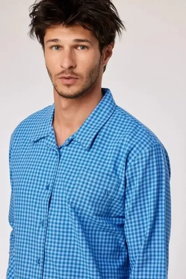 pyjama jongens/heren doorknoop - blauw geruit, flanel - XX-large