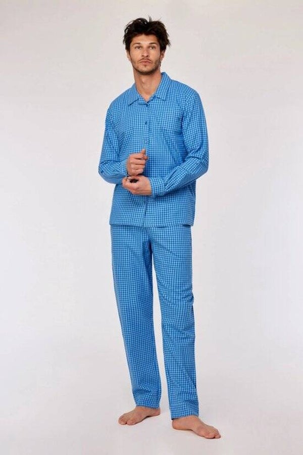 pyjama jongens/heren doorknoop - blauw geruit, flanel - medium