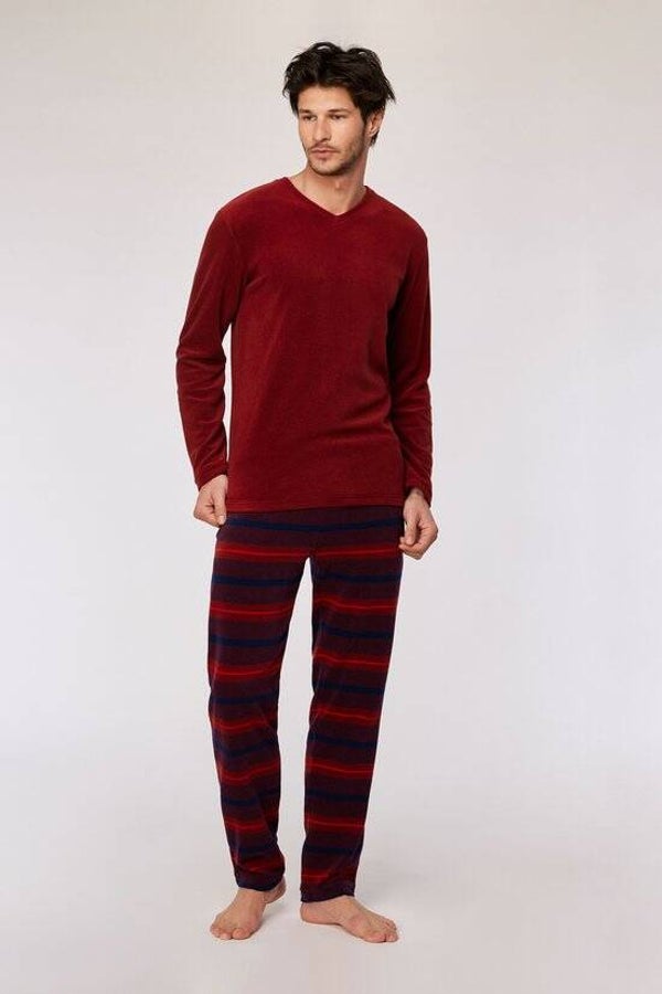 pyjama heren - donkerrood, warme polar fleece stof - smal