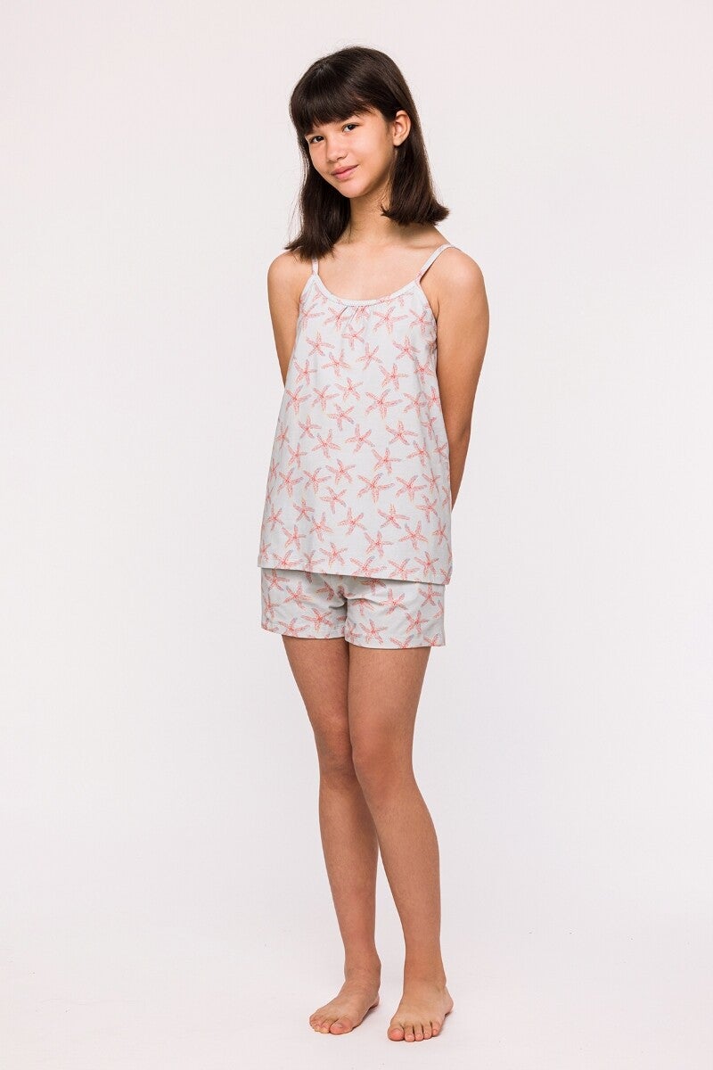 Meisjes-Dames Pyjama lichtblauw met zeesterrenmotief, 6 jaar