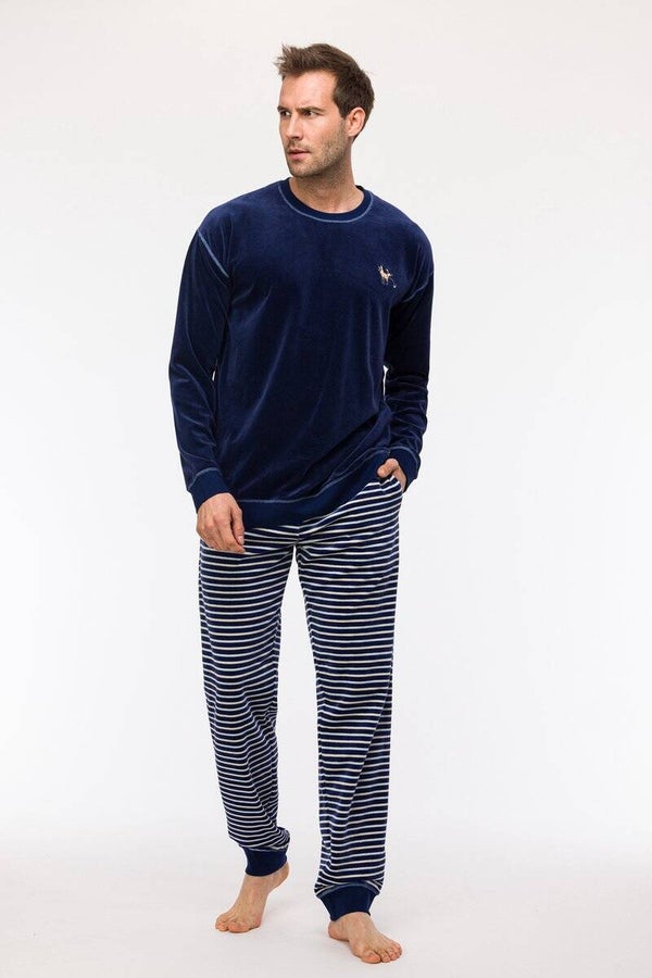 Woody Studio pyjama heren velours, blauw, X-large