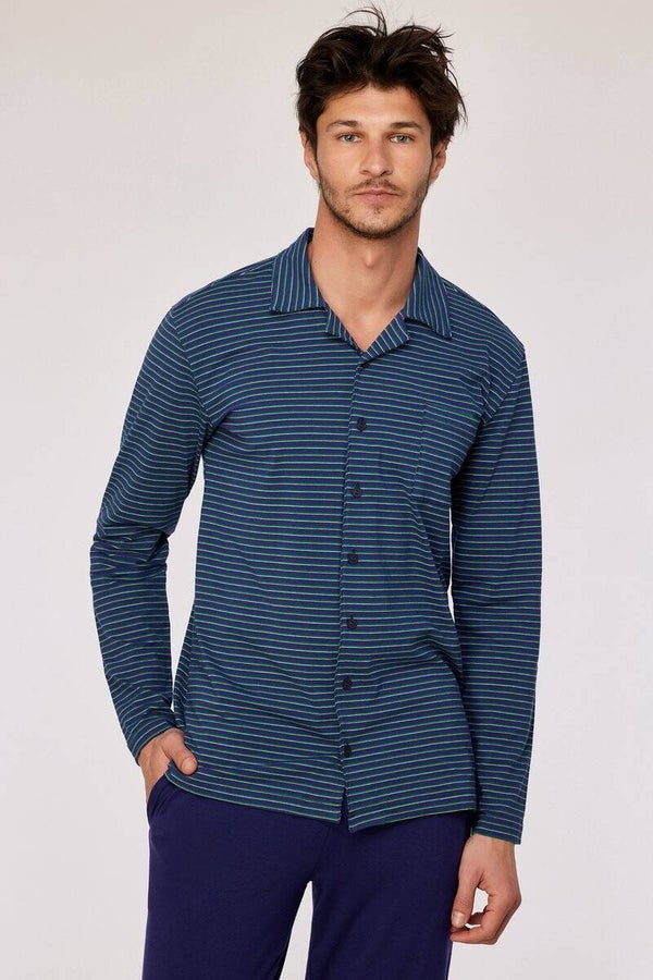 pyjama heren doorknoop - donkerblauw gestreept - medium