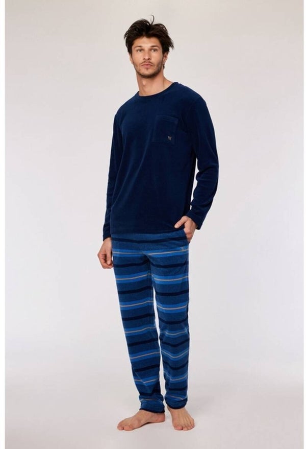 pyjama heren - donkerblauw, warme polar fleece stof -smal