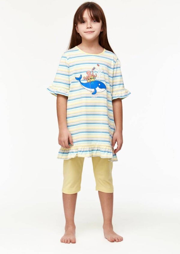 pyjama meisjes/dames - multicolor gestreept - walvis - 10 jaar
