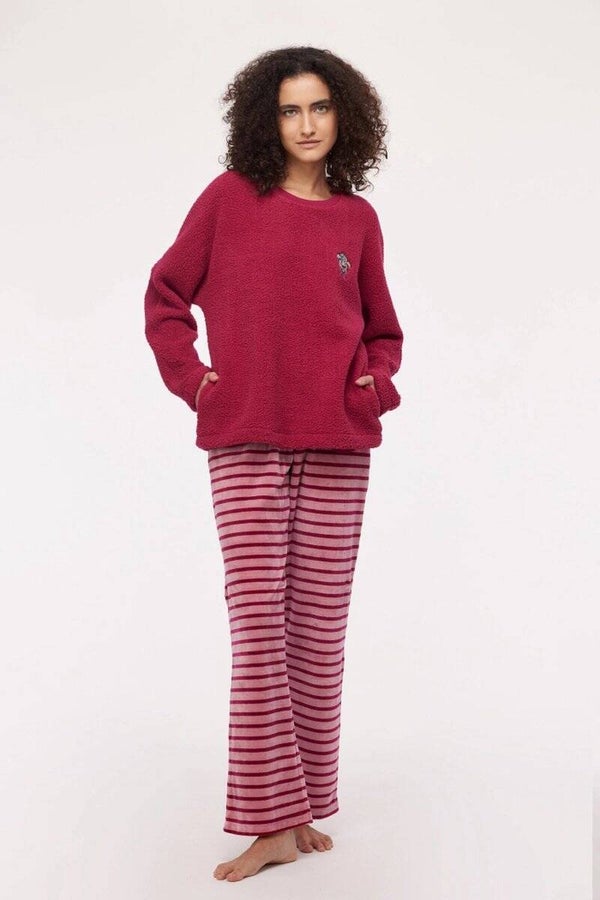 Meisjes-Dames sweater en broek framboos-rood, large