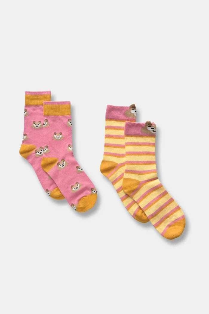 2 paar roze sokken in katoen met kattenprint, maat 35-38