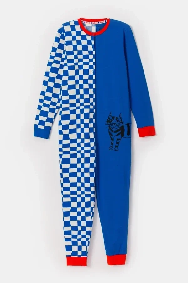 Woody x helen b-blauw-wit uniseks geruite onesie met kat, 3 jaar