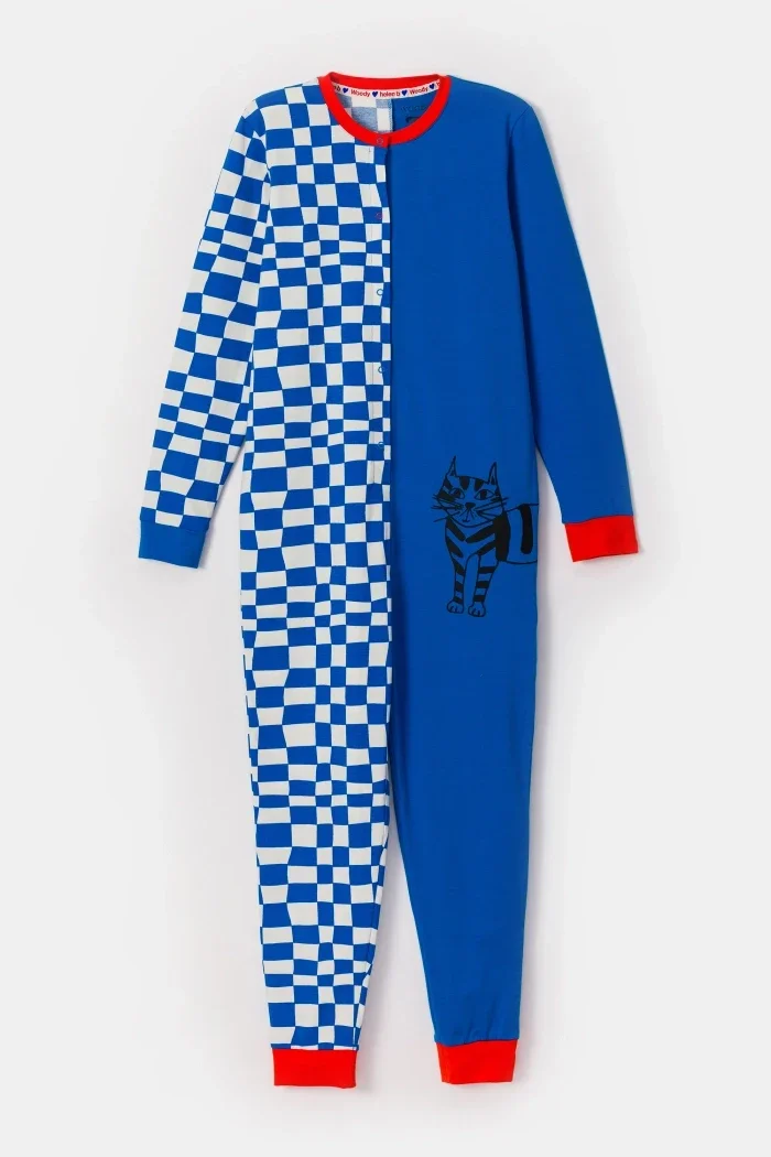 Woody x helen b-blauw-wit uniseks geruite onesie met kat, 4 jaar