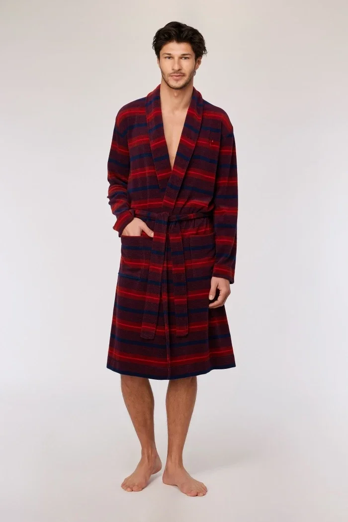 Rood gestreepte kamerjas tot onder de knie, large