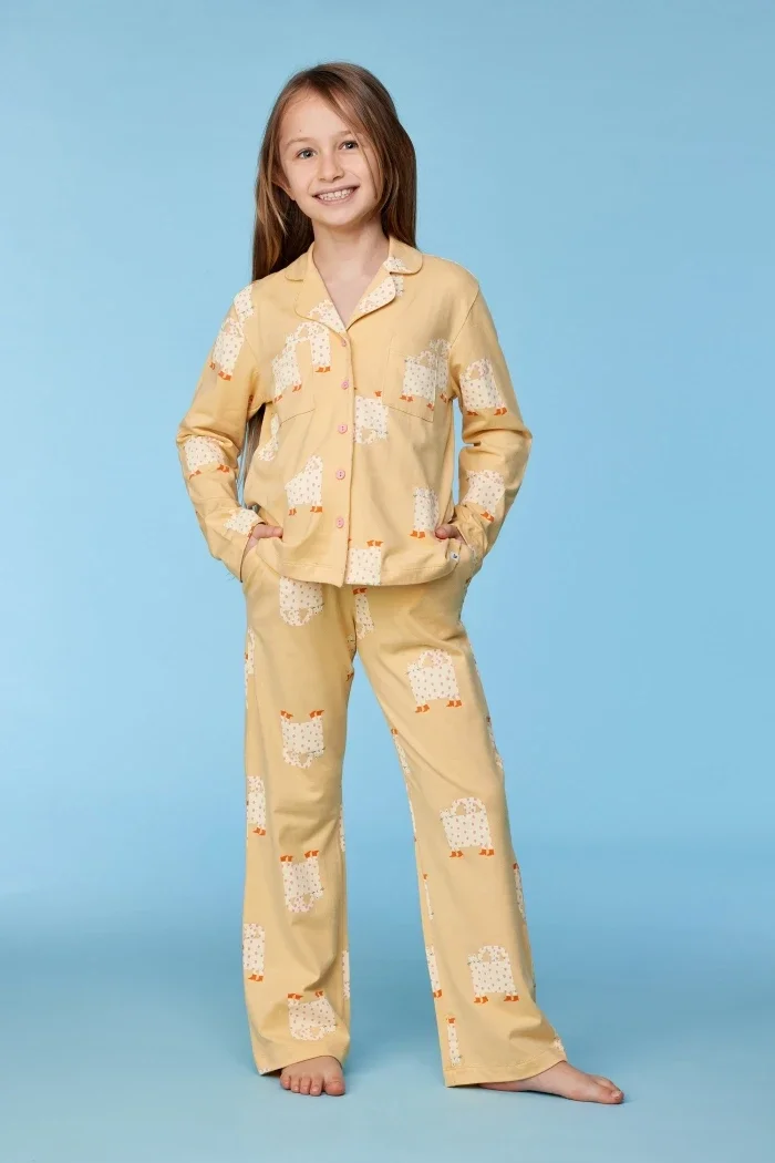 Gele pyjama met kattenprint in rekbaar katoen, 10 jaar