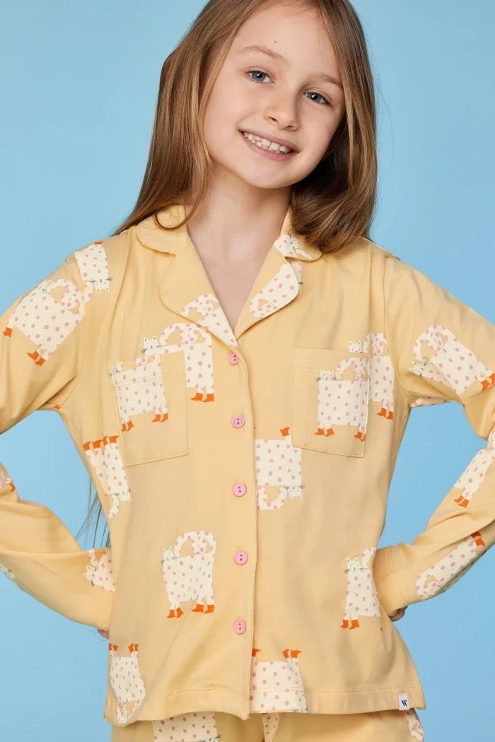 Gele pyjama met kattenprint in rekbaar katoen, 16 jaar