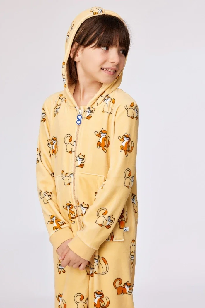 Gele onesie met kattenprint in velours