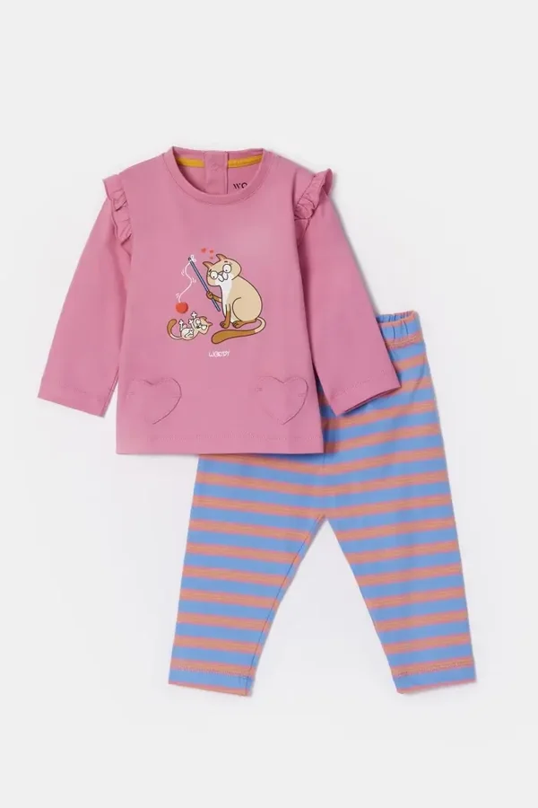 Roze meisjes pyjama met gestreepte broek in katoen, 3 maand