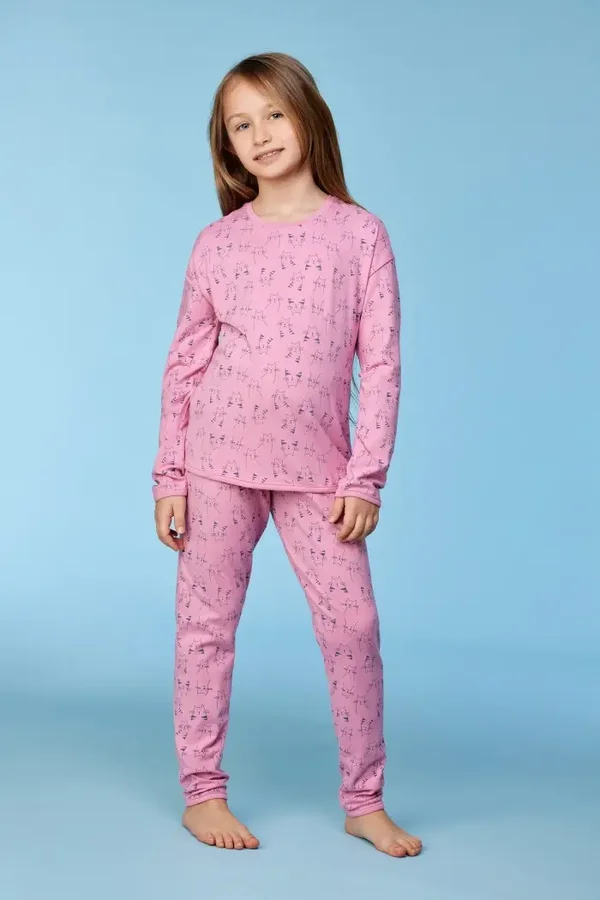 Roze pyjama met kattenprint in katoen, 3 jaar